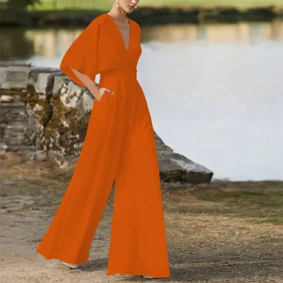 Women Elegant Solid Color V-Neck High Waist Wide Leg Jumpsuit