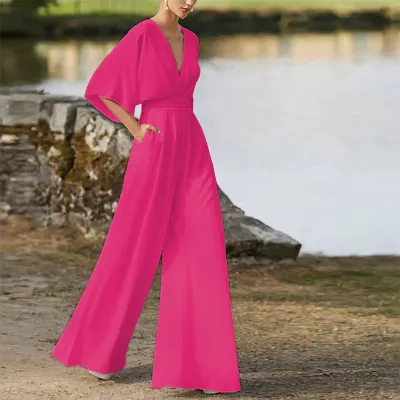 Women Elegant Solid Color V-Neck High Waist Wide Leg Jumpsuit