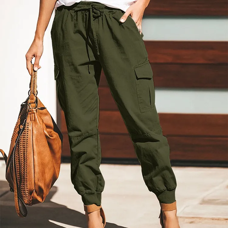 Women Casual Solid Color Cargo Pants Mid-Waist Urban Leisure