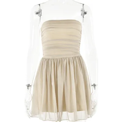 Women Sexy Sequin Mesh Strapless Backless Mini Dress