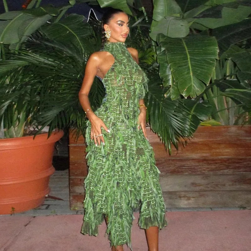 Women Sexy High Collar Sleeveless Fringe See-Through Backless Midi Dress