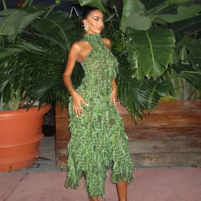Women Sexy High Collar Sleeveless Fringe See-Through Backless Midi Dress