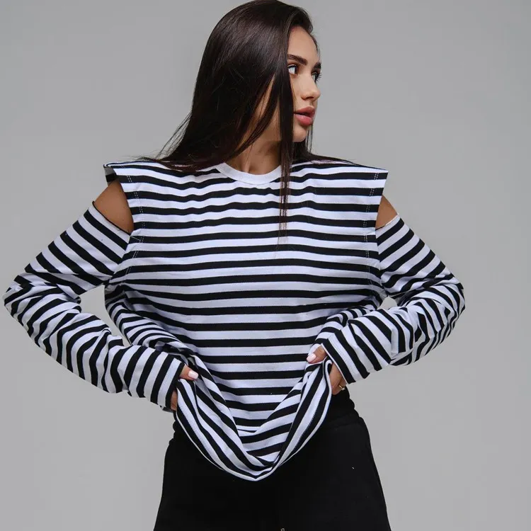 Women Urban Stripe Print Long Sleeve Crewneck T-Shirt