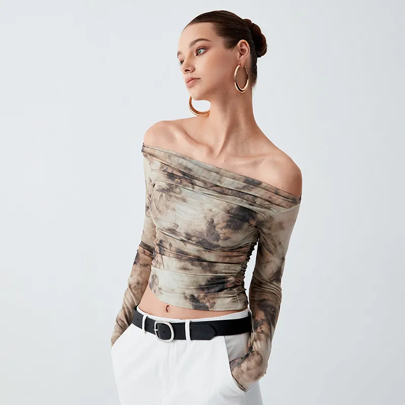 Women Fashion Sexy Off Shoulder Print Long Sleeve Crop Top