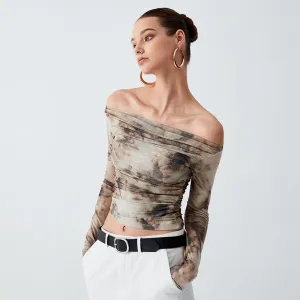 Women Fashion Sexy Off Shoulder Print Long Sleeve Crop Top