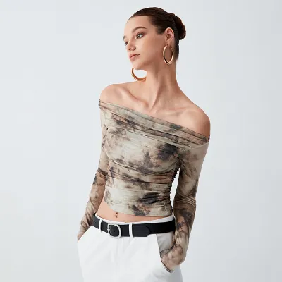 Women Fashion Sexy Off Shoulder Print Long Sleeve Crop Top