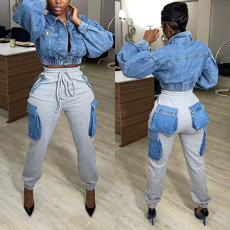Women Casual Imitation Denim Large Pocket High Waist Cargo Pants