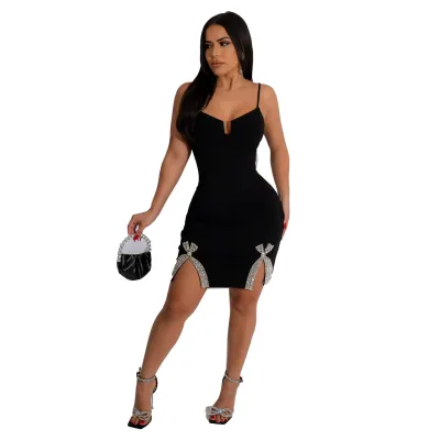 Women Sexy Diamond Bow Strap Dress Slim-Fit Sleeveless Short