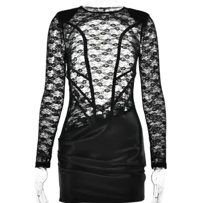 Women Sexy Backless Lace Sheath Dress Long Sleeve Round Neck
