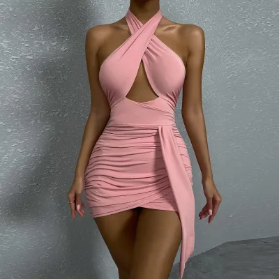 Women Fashion Sexy Crossover Halter Neck Cutout Creased Sheath Dress