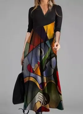 Women Casual Geometric Print Maxi Dress with V-Neck and Long Sleeves