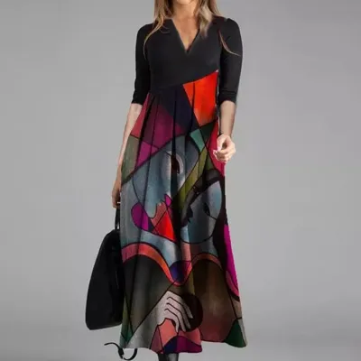 Women Casual Geometric Print Maxi Dress with V-Neck and Long Sleeves