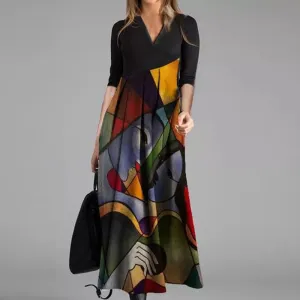 Women Casual Geometric Print Maxi Dress with V-Neck and Long Sleeves