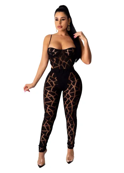 Women Fashion Sexy Strap Mesh Bodysuit Tight Pencil Pants Two-Piece Set