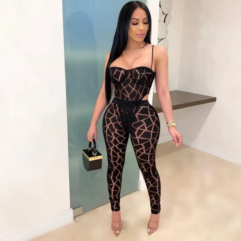 Women Fashion Sexy Strap Mesh Bodysuit Tight Pencil Pants Two-Piece Set