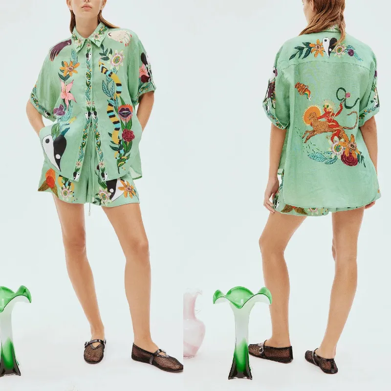 Women Casual Floral Print Short Sleeve Shirt Shorts Two-Piece Set