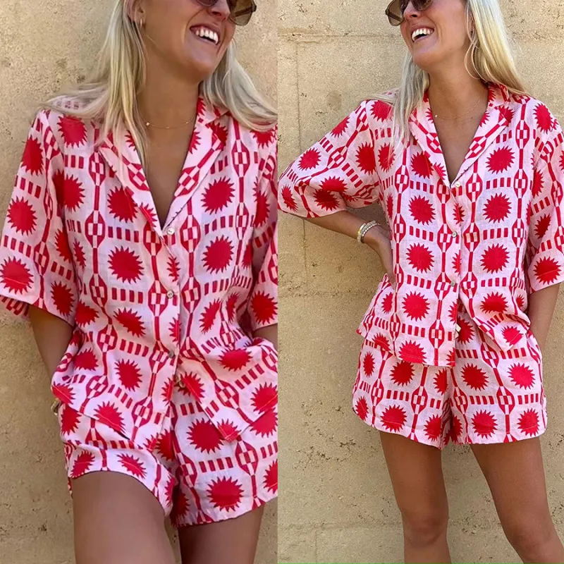 Women Casual Graphic Printed Lapel Button Short Sleeve Top Shorts Two-Piece Set
