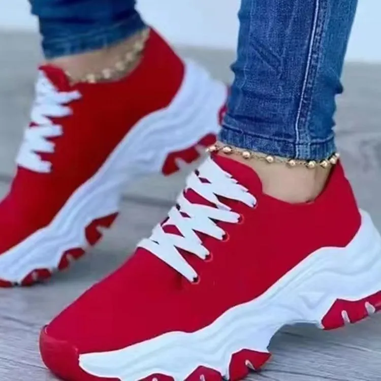 Women's Fashion Plus Size Round Toe Lace Up Thick Sole Sneakers