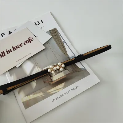 Women Fashion Four-Leaf Clover Pearl Slim Leather Belt