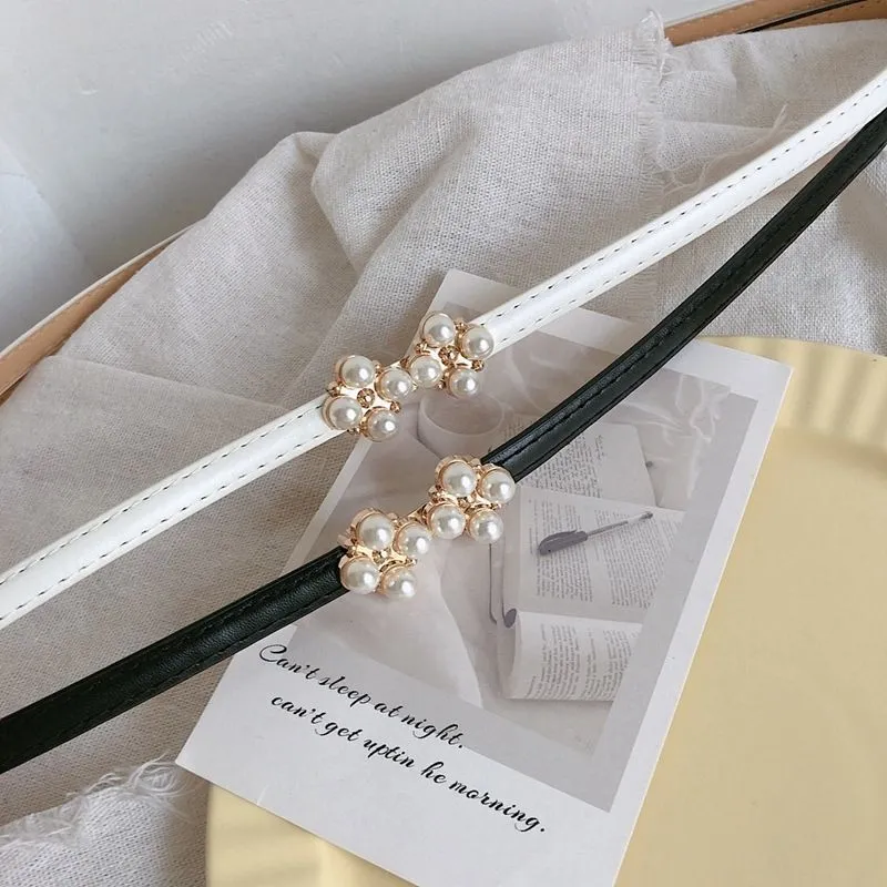Women Fashion Four-Leaf Clover Pearl Slim Leather Belt