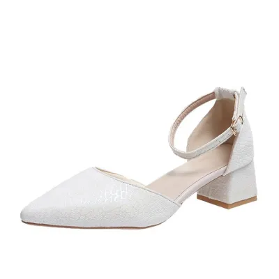 Women's Sweet Pointed Toe Slip On Chunky Heel Pumps with Buckle