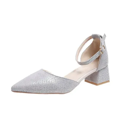 Women's Sweet Pointed Toe Slip On Chunky Heel Pumps with Buckle