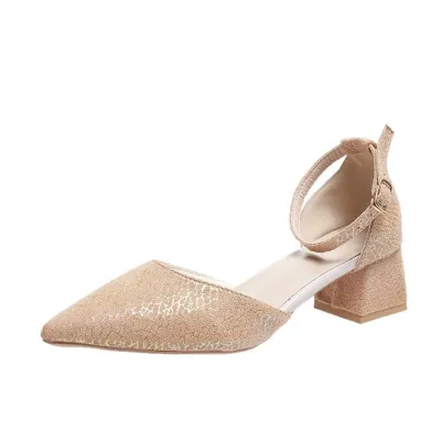 Women's Sweet Pointed Toe Slip On Chunky Heel Pumps with Buckle