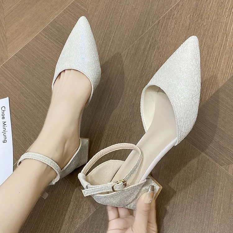 Women's Sweet Pointed Toe Slip On Chunky Heel Pumps with Buckle
