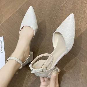Women's Sweet Pointed Toe Slip On Chunky Heel Pumps with Buckle