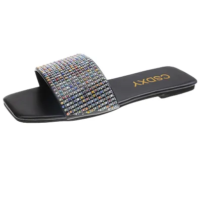 Women Fashion Plus Size Multicolor Rhinestone Square Toe Flat Slippers