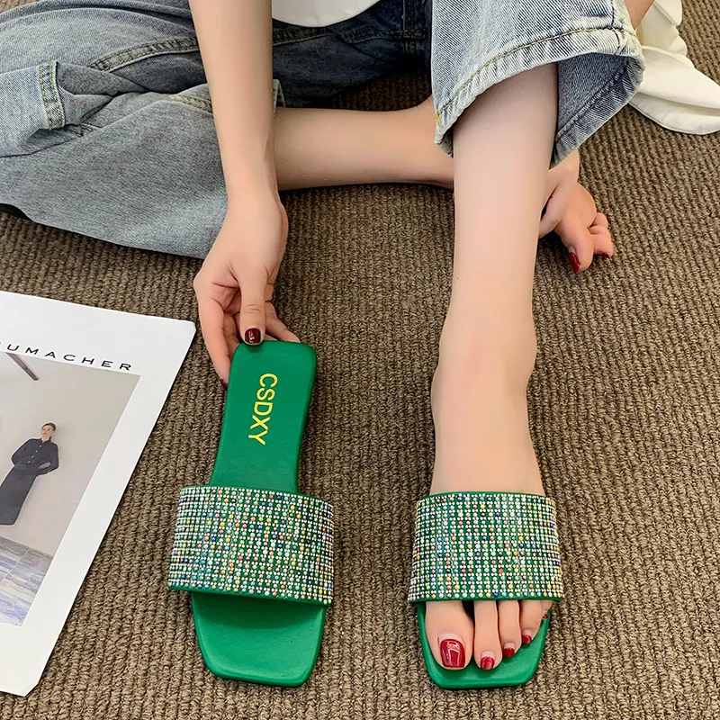 Women Fashion Plus Size Multicolor Rhinestone Square Toe Flat Slippers