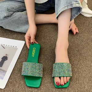 Women Fashion Plus Size Multicolor Rhinestone Square Toe Flat Slippers