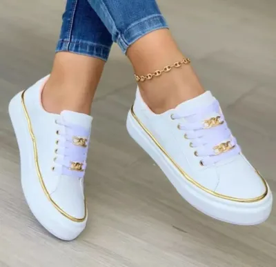 Women Fashion Casual Plus Size Thick-Soled Chain Lace-Up Sneakers