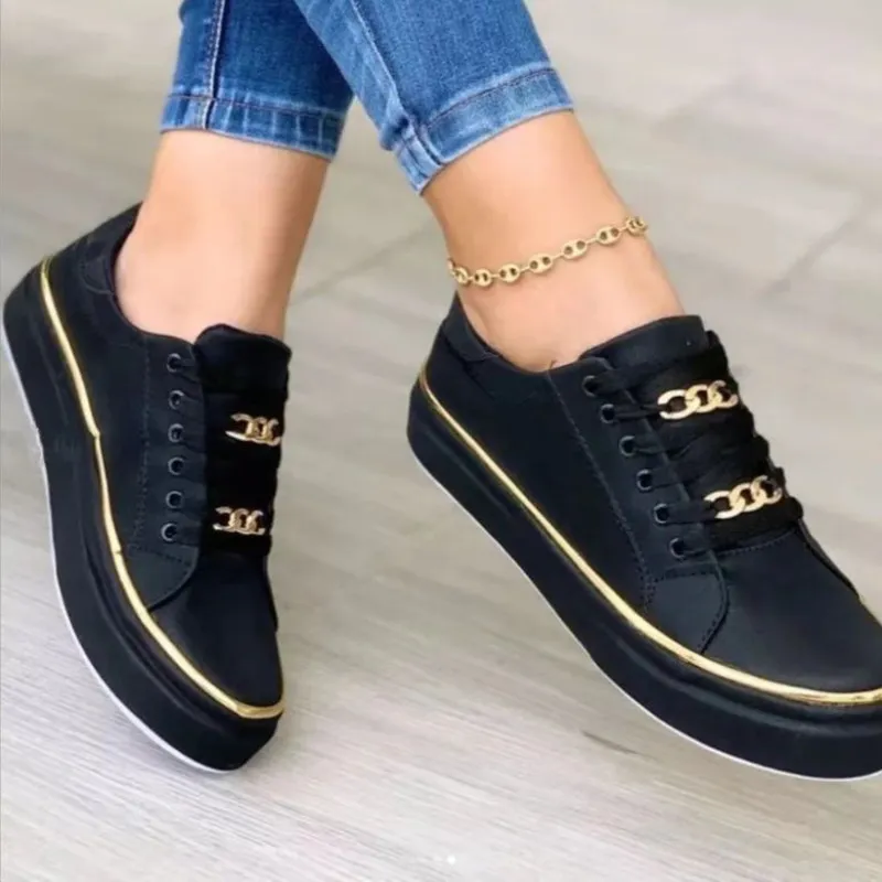 Women Fashion Casual Plus Size Thick-Soled Chain Lace-Up Sneakers