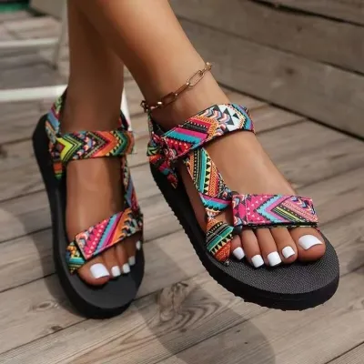 Women's Ethnic Color Block Plus Size Sandals with Velcro Closure Round Toe PU Upper Rubber Sole