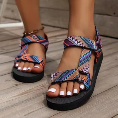 Women's Ethnic Color Block Plus Size Sandals with Velcro Closure Round Toe PU Upper Rubber Sole