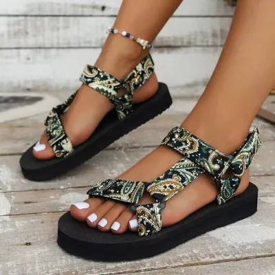 Women's Ethnic Color Block Plus Size Sandals with Velcro Closure Round Toe PU Upper Rubber Sole