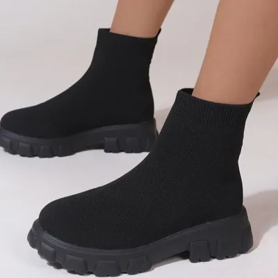 Women Fashion Plus Size Thick-Soled Mesh Ankle Boots Slip On Square Heel