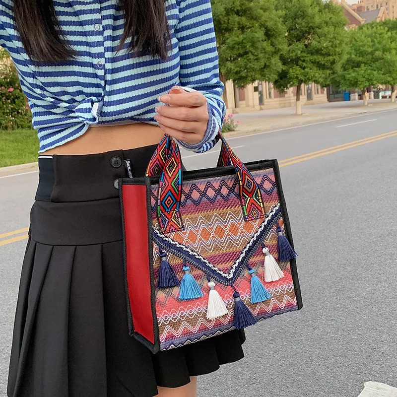 Women Fashion Ethnic Canvas Woven Tassel Square Handbag