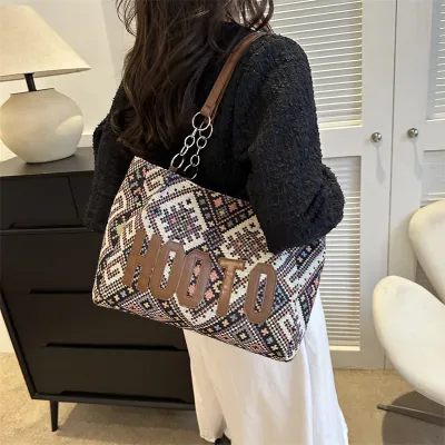 Women Fashion Ethnic Style Woven Letter Large Capacity Shoulder Tote Bag