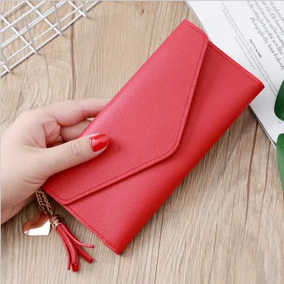 Women Tassel Pendant Solid Color Long Purse Wallets