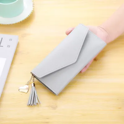 Women Tassel Pendant Solid Color Long Purse Wallets