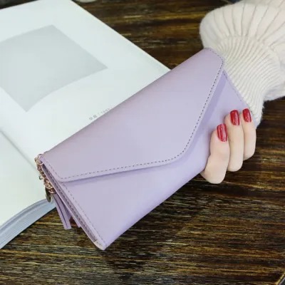 Women Tassel Pendant Solid Color Long Purse Wallets