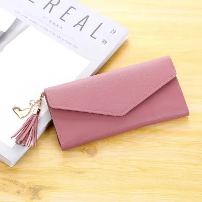 Women Tassel Pendant Solid Color Long Purse Wallets