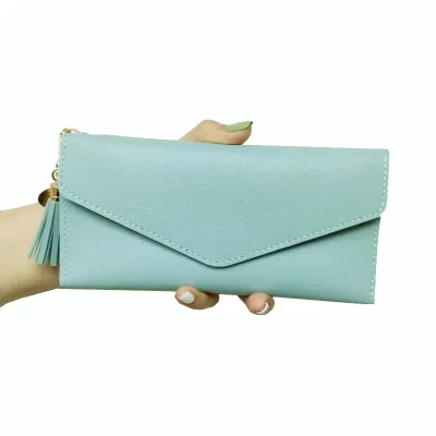 Women Tassel Pendant Solid Color Long Purse Wallets