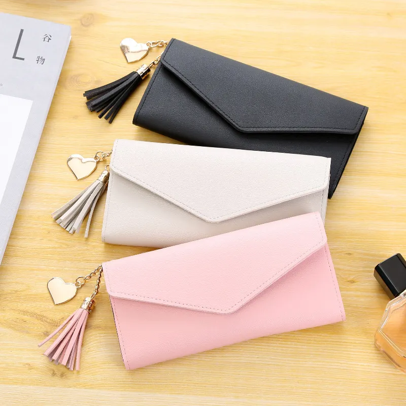 Women Tassel Pendant Solid Color Long Purse Wallets