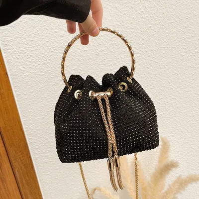 Women Fashion Rhinestone Tassel Drawstring Bucket Crossbody Bag