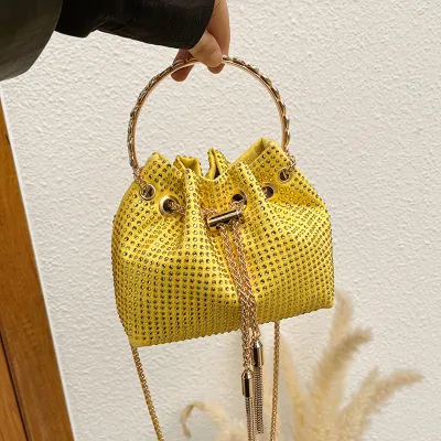 Women Fashion Rhinestone Tassel Drawstring Bucket Crossbody Bag