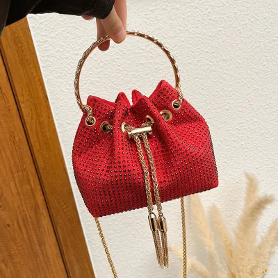Women Fashion Rhinestone Tassel Drawstring Bucket Crossbody Bag