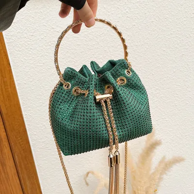 Women Fashion Rhinestone Tassel Drawstring Bucket Crossbody Bag